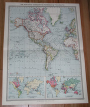 1908 Antique Map Of The World Western Hemisphere North America British Colonies - £21.61 GBP