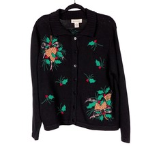 Ugly Christmas Sweater M Cardigan Buttons Holly Pinecone Collar Embroidered - £18.88 GBP