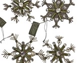 Seasons of Cannon Falls Silver &amp; Green Snowflake Ornaments Set of 4 Vintage - £29.41 GBP
