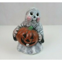 Vintage Halloween Ceramic Gray Ghost With Jack O Lantern Pumpkin Candle Holder - £11.62 GBP