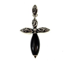 Handcrafted Solid 925 Sterling Silver Genuine Black Onyx Filigree Cross Pendant - £20.80 GBP