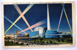 New York Worlds Fair Postcard Hall Of Pharmacy Perisphere Trylon By Night 1939 - £12.67 GBP