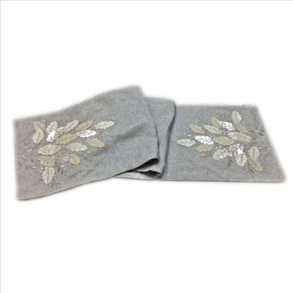 Primary image for Saro Grey and Silver Table Runner with Appliqued Holly Leaves 13x72 inches