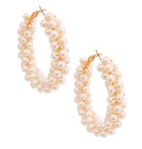 Women's Fashion Clustered Cream Pearl Gold Plated Hoop Earrings - $32.34