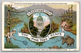 Greetings From Maine The Pine Tree State Scenic Fishing Moose Camp Postcard O26 - £13.33 GBP