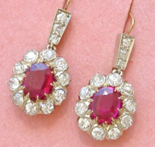 Antique Victorian Oval Ruby 3+ctw Mine Diamond Halo Drop Cocktail Earrings c1880 - £4,035.15 GBP