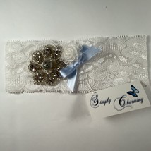 Wedding Garter White Lace Blue Bow Rhinestone Flower Organza Simply Char... - $25.16