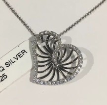 Sterling Silver Two Tone Heart Shape Pendant Necklace With Shiny cz Stones - $45.00