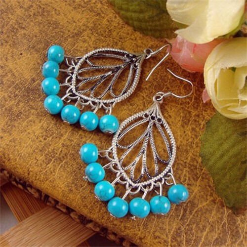 Big Beautiful Tibetan Copper Plate 7 Turquoise Beaded Dangle Amulet Earr... - $7.17