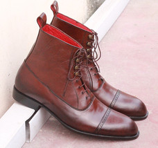 Handmade Men&#39;s Brown Leather Cap Toe Lace Up Boots, Men Ankle Fashion Boots - £126.41 GBP