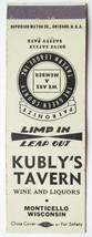 Kubly&#39;s Tavern - Monticello, Wisconsin Restaurant 20 Strike Matchbook Cover WI - £1.57 GBP
