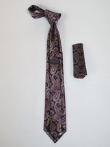 Mens Narrow Tie/Hankie Set Woven Vito Rofolo VTR-111 Wine Tan Paisley image 2
