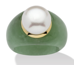 Round Cultured Freshwater Pearl Green Jade 10K Yellow Gold 6 7 8 9 10 - £240.54 GBP