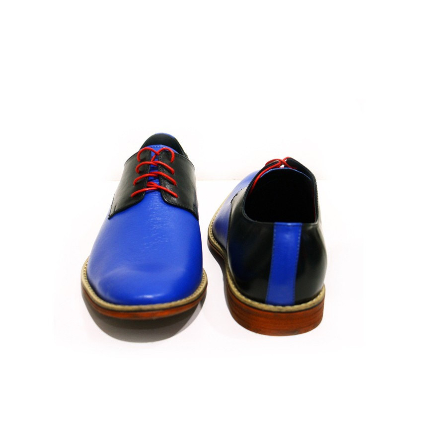 Hand Made Men Blue Black Cont Red Lace Up Derby Genuine Leather Shoes US 7-16