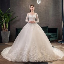 Beautiful Party Dress Vintage O Neck Full Sleeve Wedding Dress Illusion Simple L - £280.67 GBP