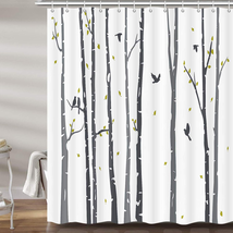 Gray Tree Shower Curtain for Bathroom, Neutral Birch Forest Rowley Birds Fabric  - £23.47 GBP