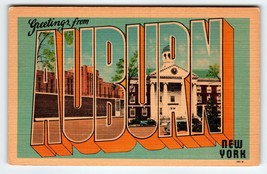 Greetings From Auburn New York Large Big Letter Linen Postcard Unused NY Vintage - £9.22 GBP