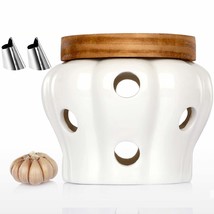 Garlic Keeper Vented Ceramic Garlic Storage Container White Stoneware with Acaci - £28.66 GBP