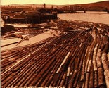 Vtg Postcard 1918 Sepia Tone Log Raft on Willamette River Oregon w Bridge - $17.77