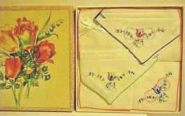 Vintage Handkerchief Boxed Set 3 Hankies Embroidered Tulips  - £12.62 GBP
