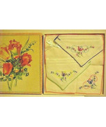 Vintage Handkerchief Boxed Set 3 Hankies Embroidered Tulips  - $15.79