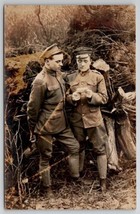 RPPC Two Handsome Young Soldiers Reading Note Real Photo Postcard Q27 - $19.95