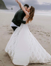 Long V-neck Backless Elegant Beach Lace Wedding Dresses - £149.94 GBP