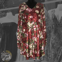 Loveriche Womens Red Velvet Floral Long Balloon Sleeve V Neck A-Line Dre... - £29.88 GBP