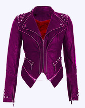 New Woman WWE Paige Purple Silver Studded Punk Cowhide Leather Jacket 2019 - £204.05 GBP