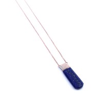 Women&#39;s Cable Chain Necklace Sterling Silver 925 Natural Lapis Lazuli Bar - £56.77 GBP