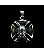 Solid 925 Sterling Silver Black Onyx Iron Cross With Skull Templar Pendant - £29.81 GBP