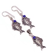 Lapis Lazuli 925 Silver Overlay Handmade Carving Earrings &amp; Pendant Jewe... - $23.18 CAD