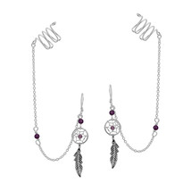 Unique Dreamcatcher &amp; Ear Cuff Chain w/ Purple Garnet Stone Dangle Earrings - £15.70 GBP