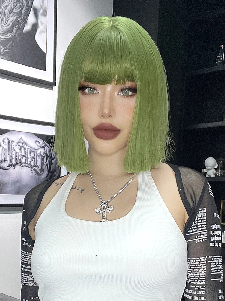 Green Short Bob Hair Synthetic Wig For Woman With Bangs Blonde Ombre Pi - £9.79 GBP+