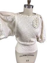 VTG 80s RETRO Women Sweater Ivory Cotton WIde Waistband  Balloon Sleeves  M - $60.59