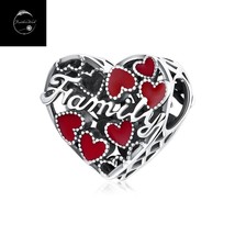 Sterling Silver 925 Red Family Love Heart Bead Charm For Bracelets With Enamel - £16.15 GBP