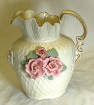 Porcelain Pitcher Pink Roses Gold Accents Decorative - $24.74