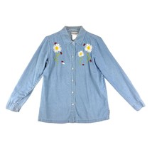 Vtg 90s Y2K National Women&#39;s Embroidered Daisy Ladybug Long Sleeve Denim Shirt - £19.02 GBP