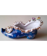 Small Porcelain Shoe Blue Shoe with Polka Dots &amp; Roses Vintage Home Decor - £31.96 GBP