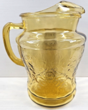 Federal Glass Madrid Amber 80 Oz Ice Lip Pitcher Depression Yellow Etch Vintage - £45.00 GBP