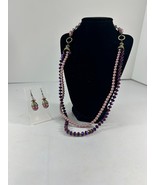 Necklace Earring Set Purple Silver Tone Double Strand Dangle Beaded 26&quot; ... - £14.74 GBP