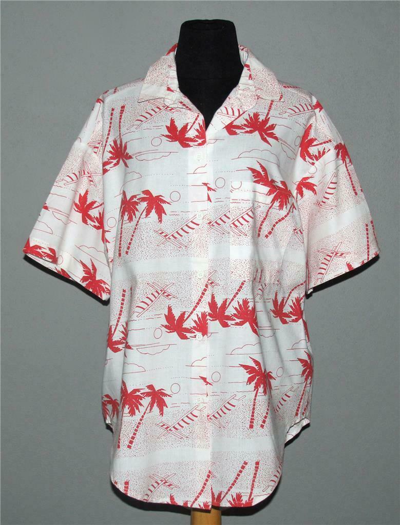 VTG EBER Coral Red Palm Trees Beach Chairs Long Tails Button Front Blous... - $19.99