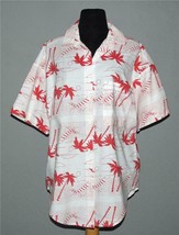 VTG EBER Coral Red Palm Trees Beach Chairs Long Tails Button Front Blous... - £15.97 GBP