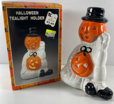 Vtg Halloween Ceramic Pumpkin Man Ghost Jack O Lantern Tea Candle Holder K Mart - £15.56 GBP