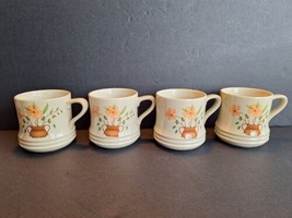 4pc VTG 1980 Coffee Mugs Flower Basket Countryside Stoneware Collection Japan  - $14.84