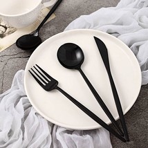 24 Black Premium Plastic Cutlery Spoon Fork Knife Set Party Events Home Supplies - £7.86 GBP