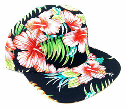Black 5 Panel Camper Floral Print Strapback Hat Cap Adjustable Hawaiian Flower - £10.48 GBP