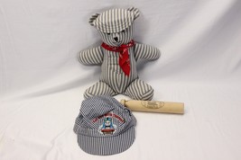 Handmade Train Conductor Teddy Bear  Wooden Whistle Tomy  Train Cap - $25.47