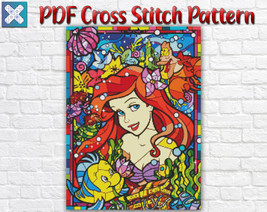 Disney Princess Ariel The Little Mermaid Stained Glass PDF Cross Stitch Pattern - $3.50