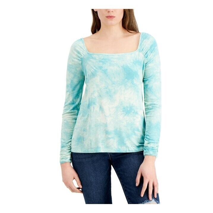 Fever Womens S Aqua Ribbed Tie Dye Long Sleeve Square Neck Top NWT BR18 - $9.80